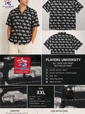 Players Black Polo Shirt with Classic Car Print XXL